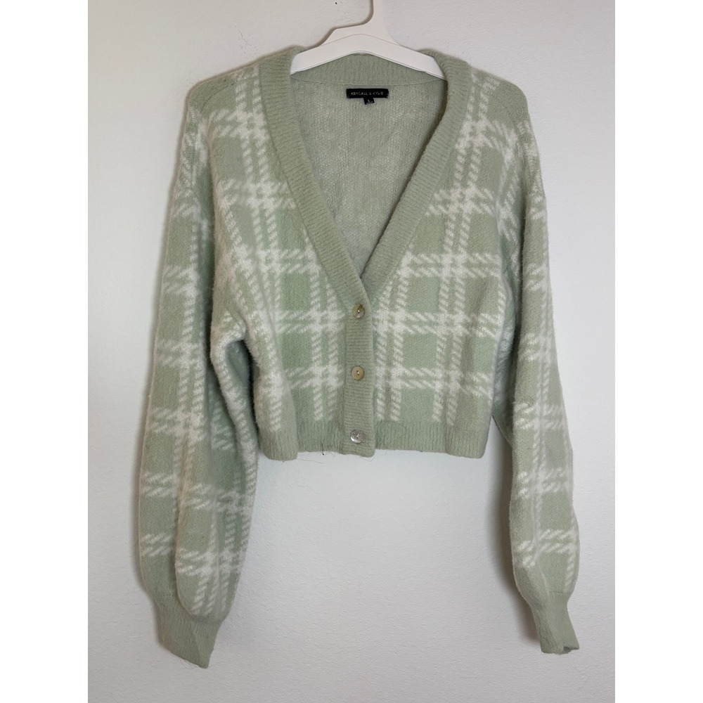 Kendall & Kylie Sage Green Plaid Cropped Cardigan Sweater Large